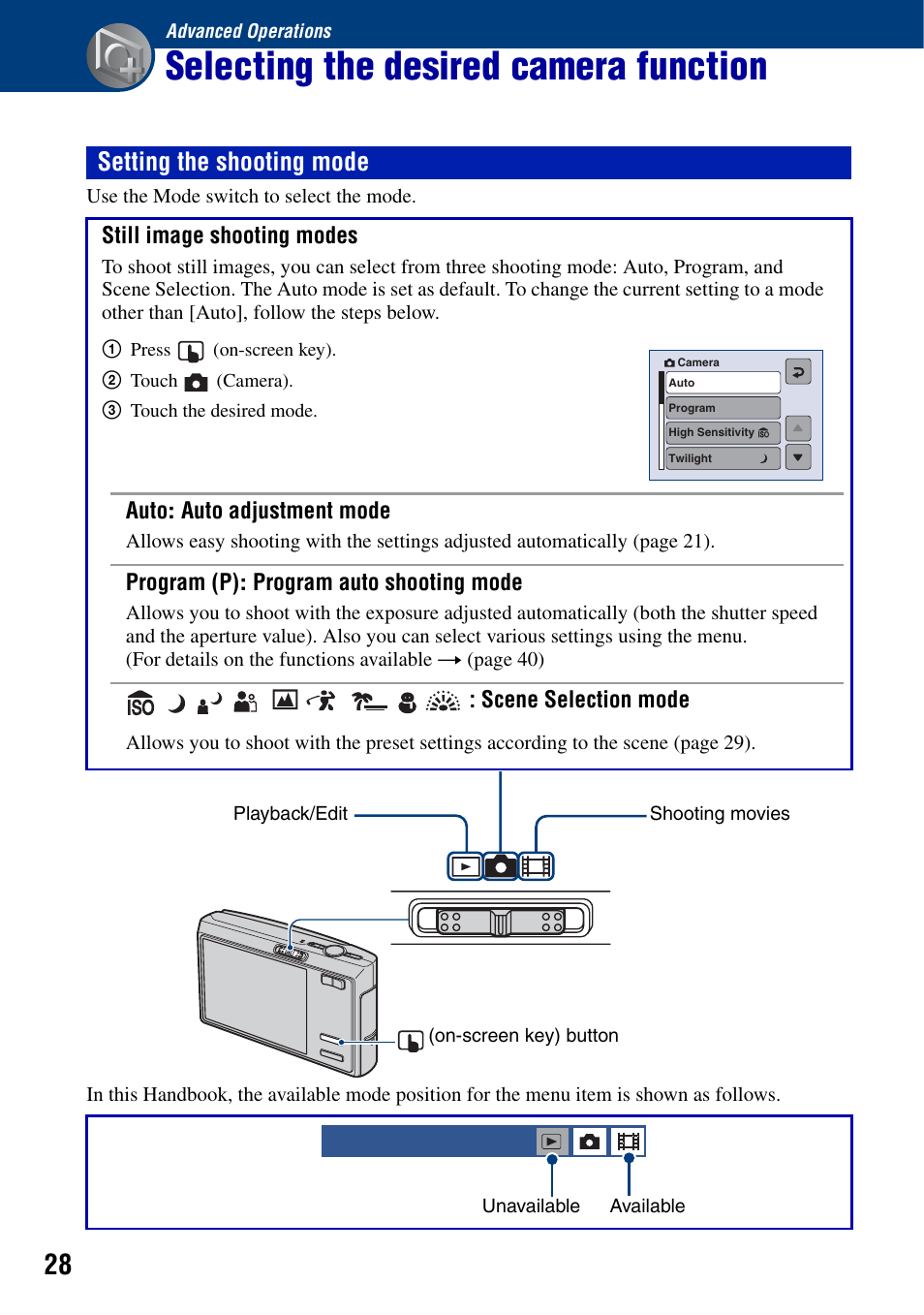 Advanced operations, Selecting the desired camera function, Setting the shooting mode | Sony DSC-T50 User Manual | Page 28 / 120