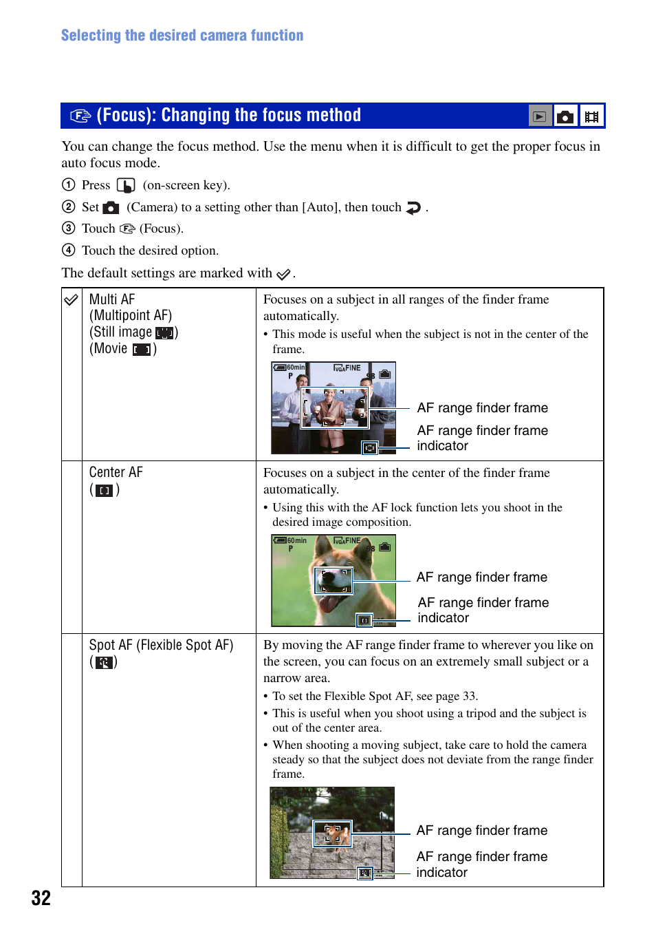 Focus): changing the focus method, 9(focus): changing the focus method | Sony DSC-T50 User Manual | Page 32 / 120