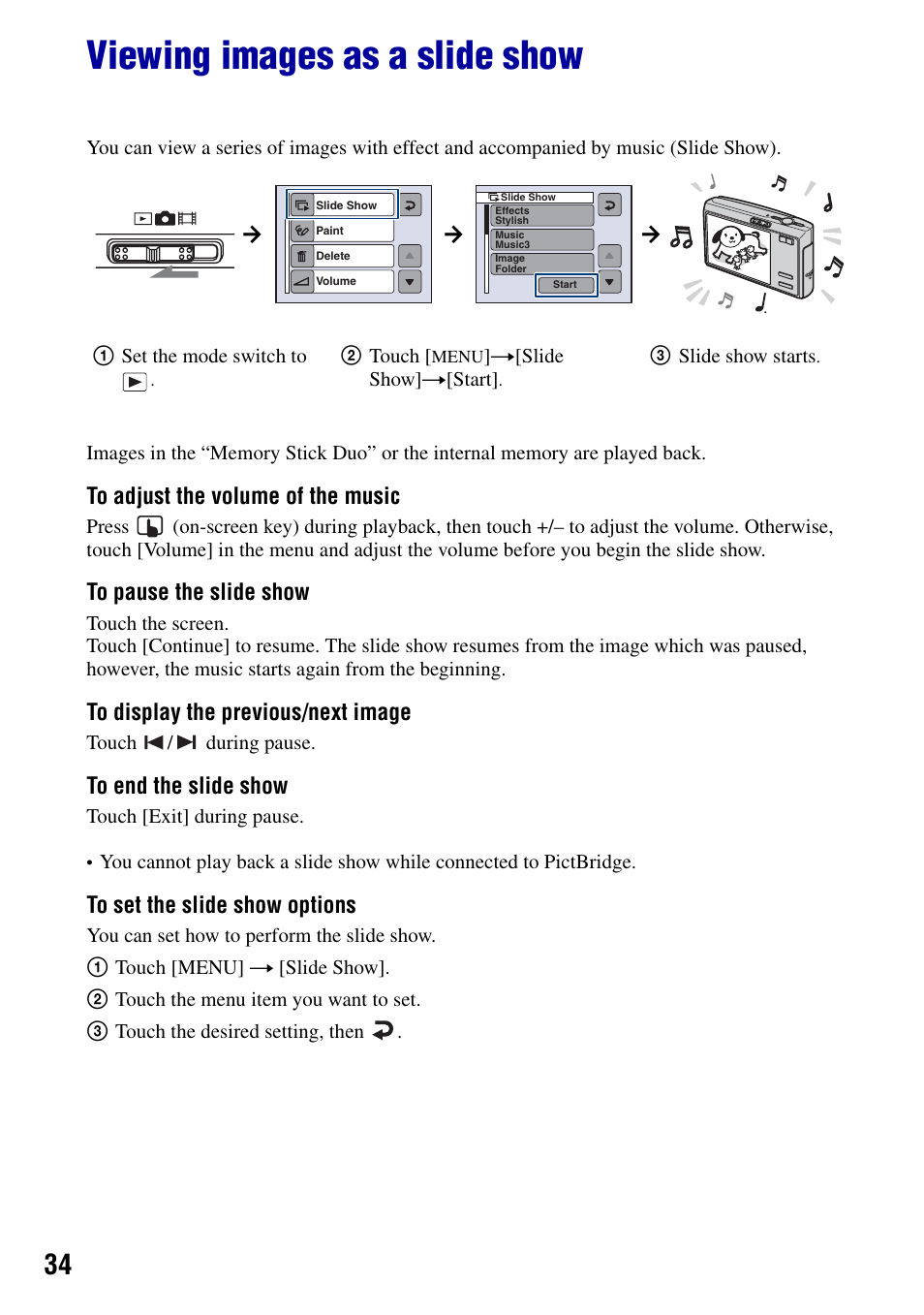 Viewing images as a slide show | Sony DSC-T50 User Manual | Page 34 / 120