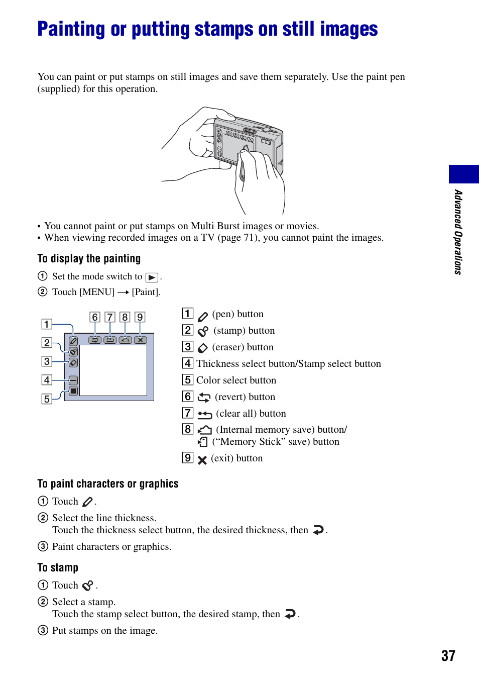 Painting or putting stamps on still images | Sony DSC-T50 User Manual | Page 37 / 120