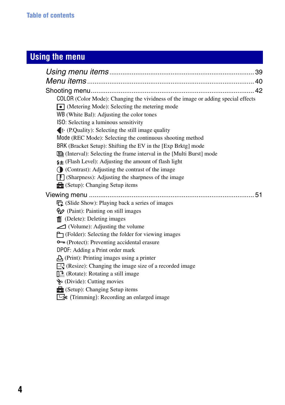 Using the menu, Using menu items, Menu items | Sony DSC-T50 User Manual | Page 4 / 120