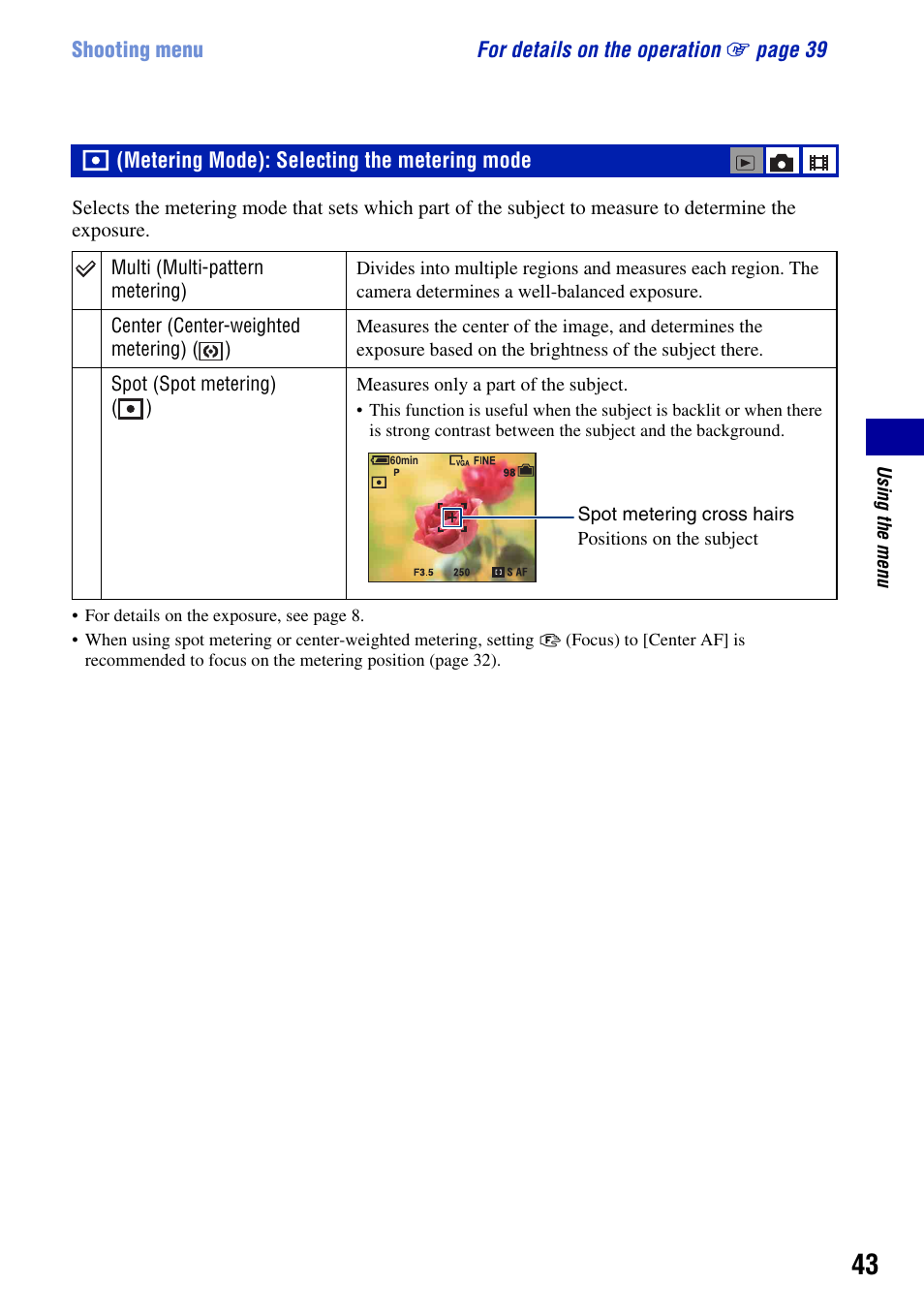 Metering mode): selecting the metering mode | Sony DSC-T50 User Manual | Page 43 / 120