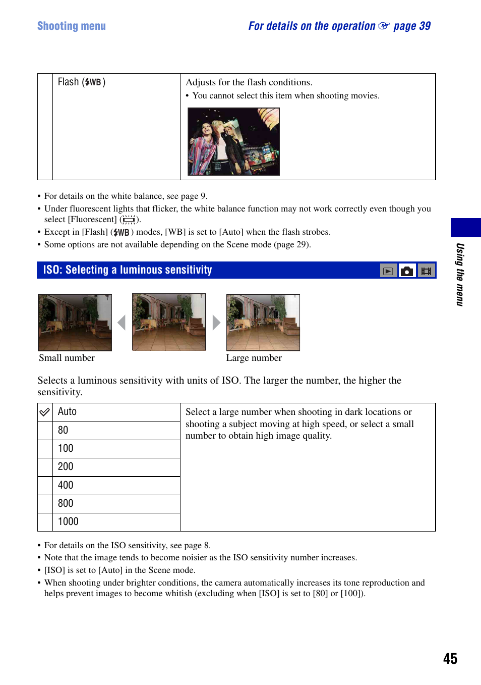 Iso: selecting a luminous sensitivity | Sony DSC-T50 User Manual | Page 45 / 120