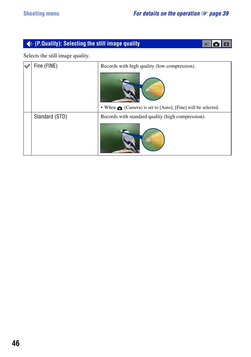 P.quality): selecting the still image quality | Sony DSC-T50 User Manual | Page 46 / 120