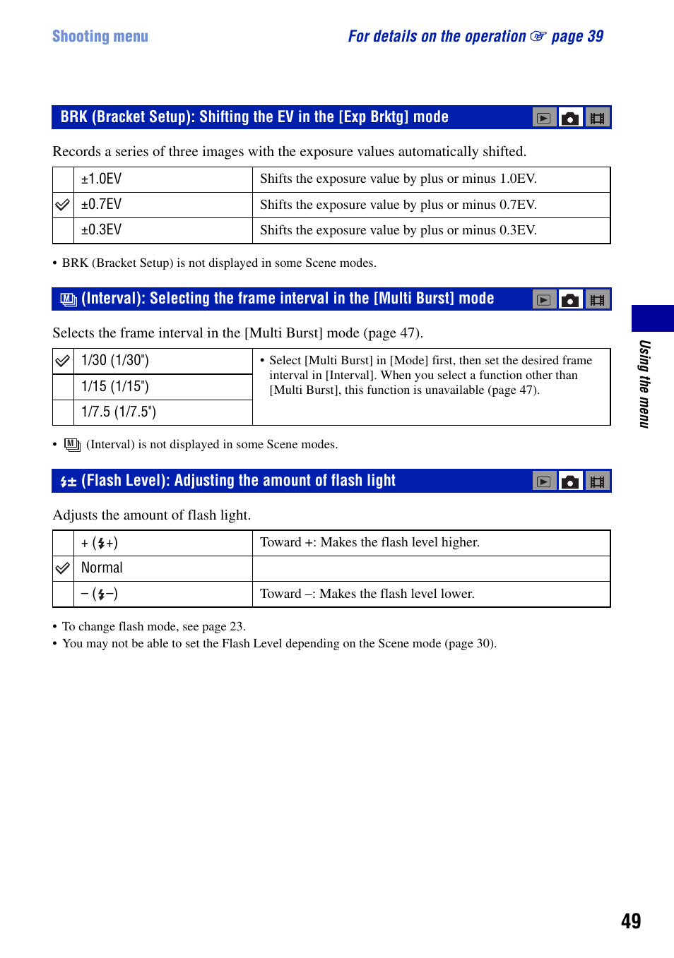 Flash level): adjusting the amount of flash light | Sony DSC-T50 User Manual | Page 49 / 120