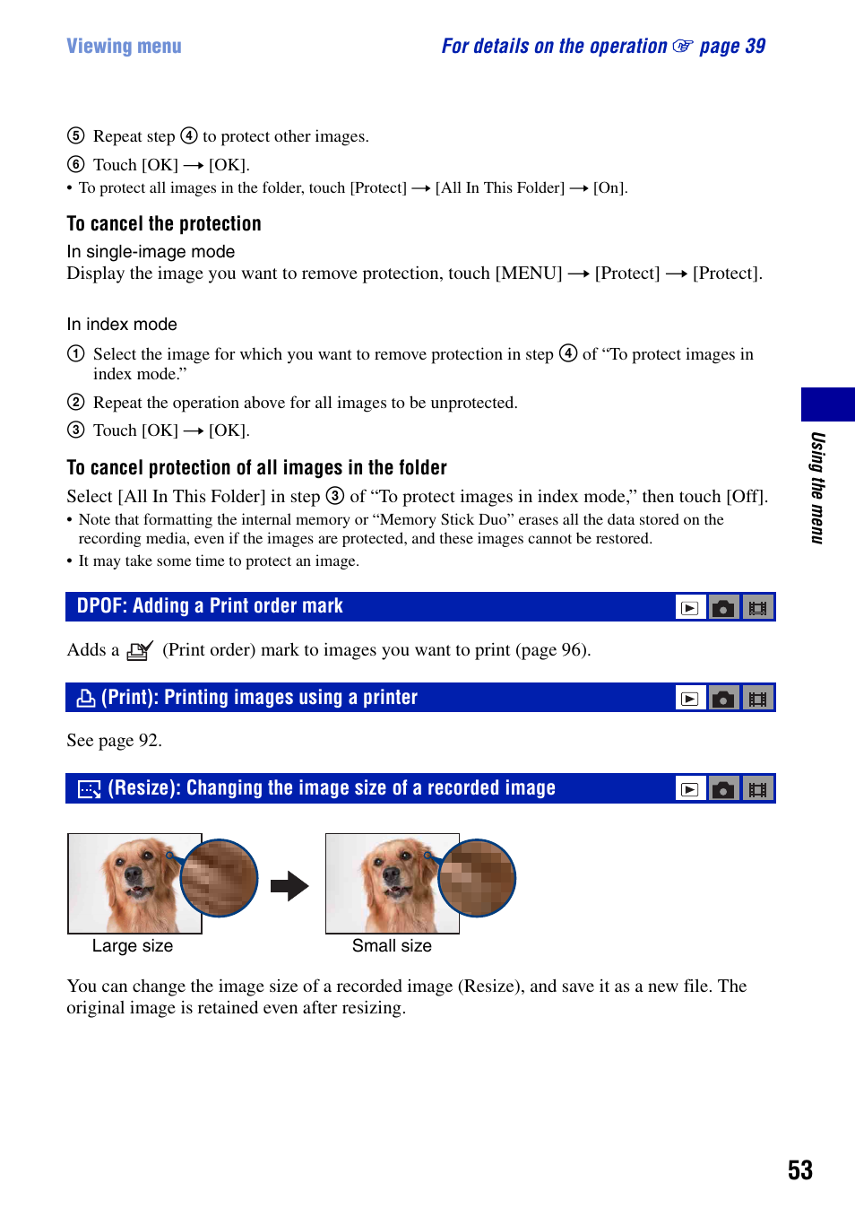 Dpof: adding a print order mark, Print): printing images using a printer | Sony DSC-T50 User Manual | Page 53 / 120