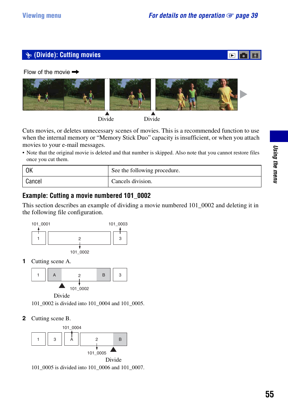 Divide): cutting movies | Sony DSC-T50 User Manual | Page 55 / 120