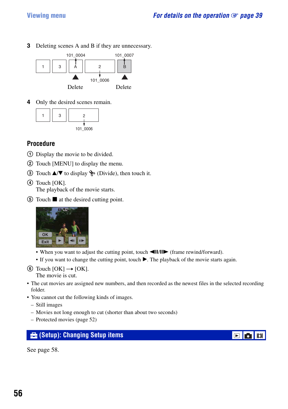 Setup): changing setup items, Procedure | Sony DSC-T50 User Manual | Page 56 / 120