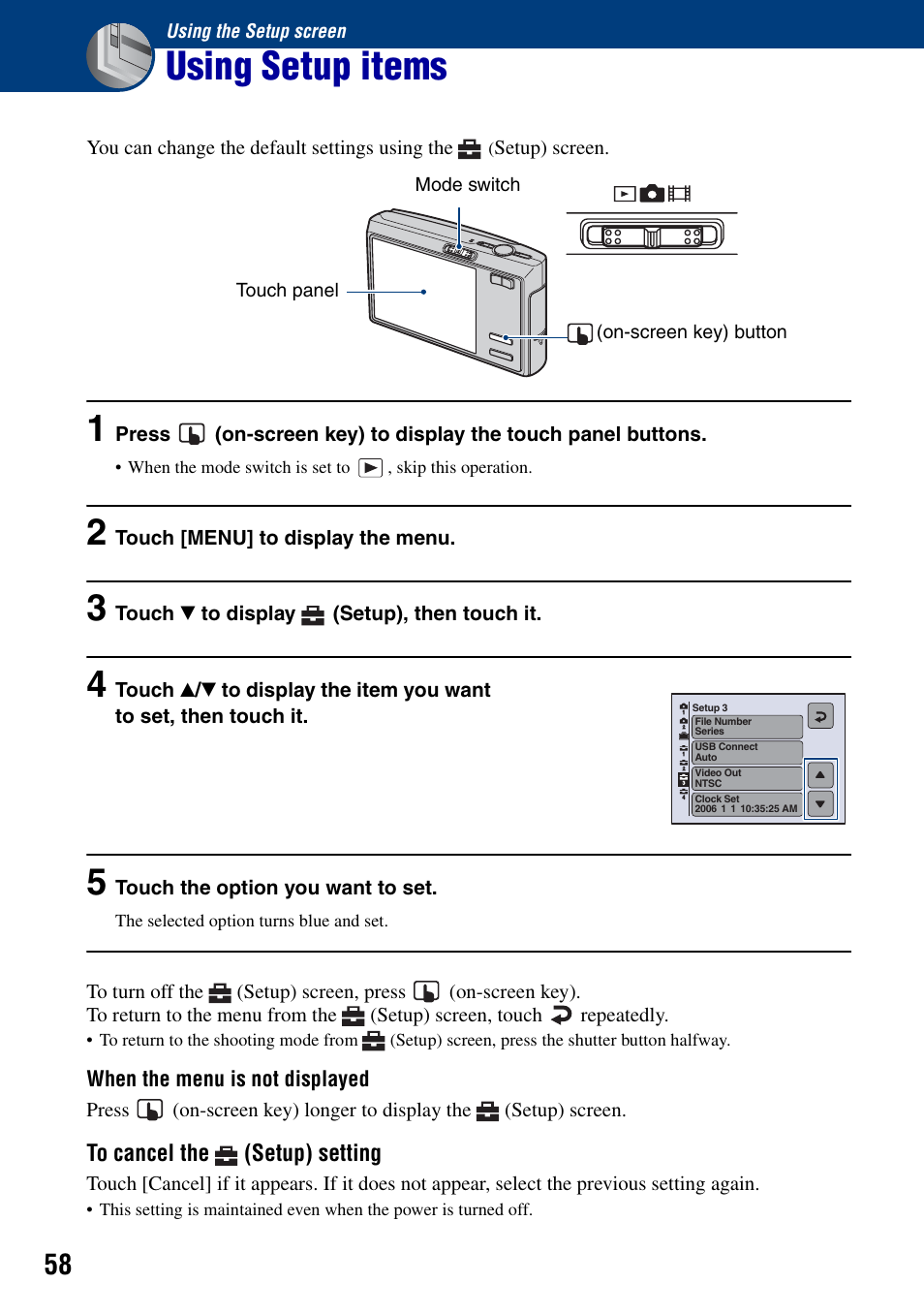 Using the setup screen, Using setup items | Sony DSC-T50 User Manual | Page 58 / 120