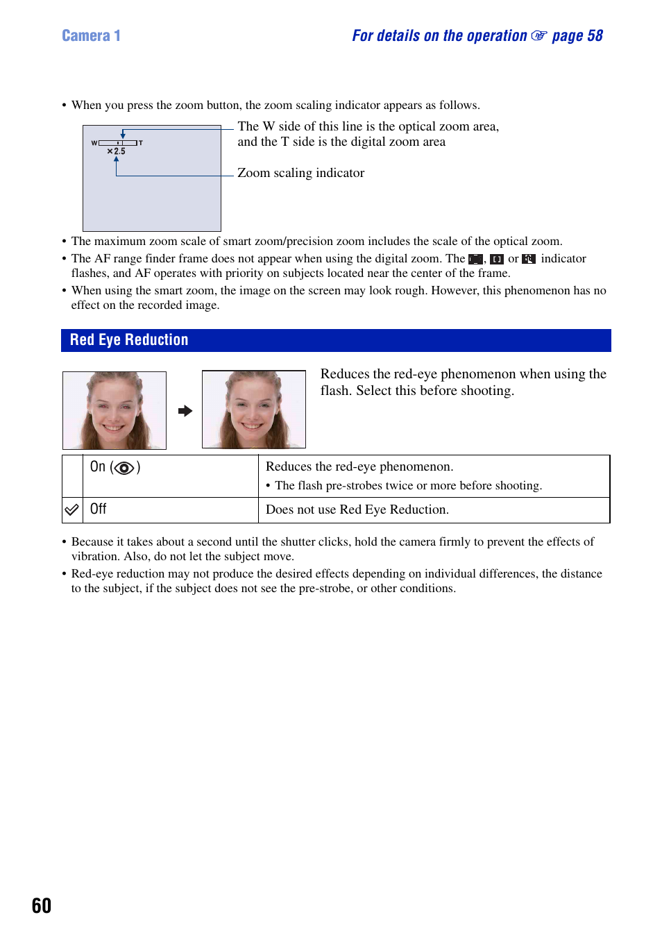 Red eye reduction | Sony DSC-T50 User Manual | Page 60 / 120