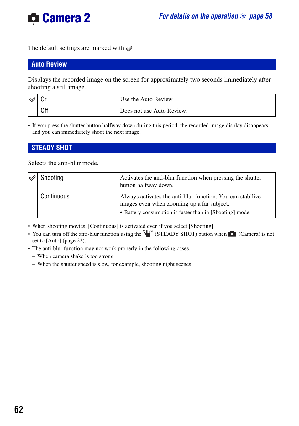 Camera 2, Auto review, Steady shot | Sony DSC-T50 User Manual | Page 62 / 120