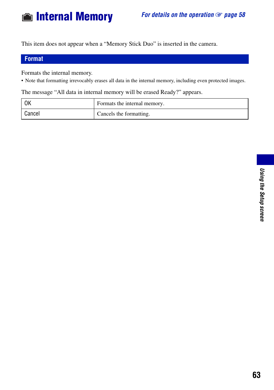 Internal memory, Format | Sony DSC-T50 User Manual | Page 63 / 120