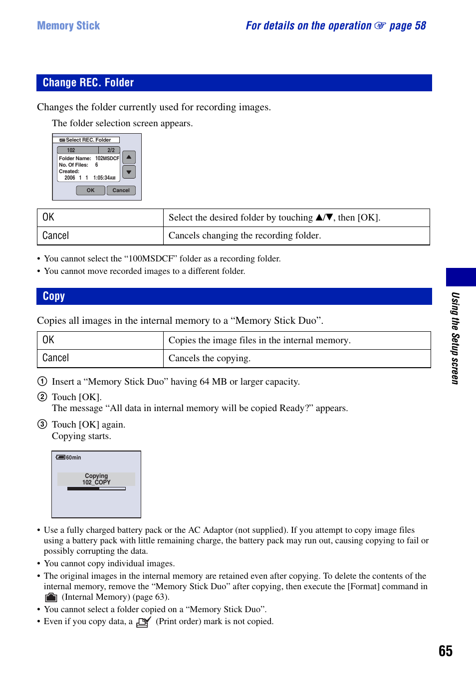 Change rec. folder, Copy, Change rec. folder copy | Sony DSC-T50 User Manual | Page 65 / 120