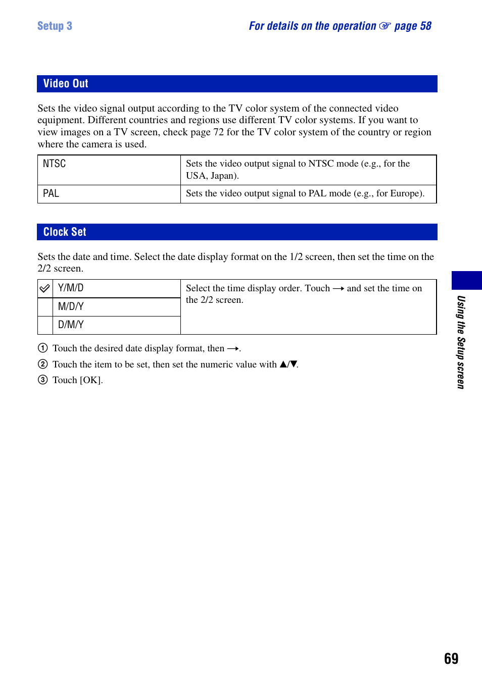 Video out, Clock set, Video out clock set | Sony DSC-T50 User Manual | Page 69 / 120