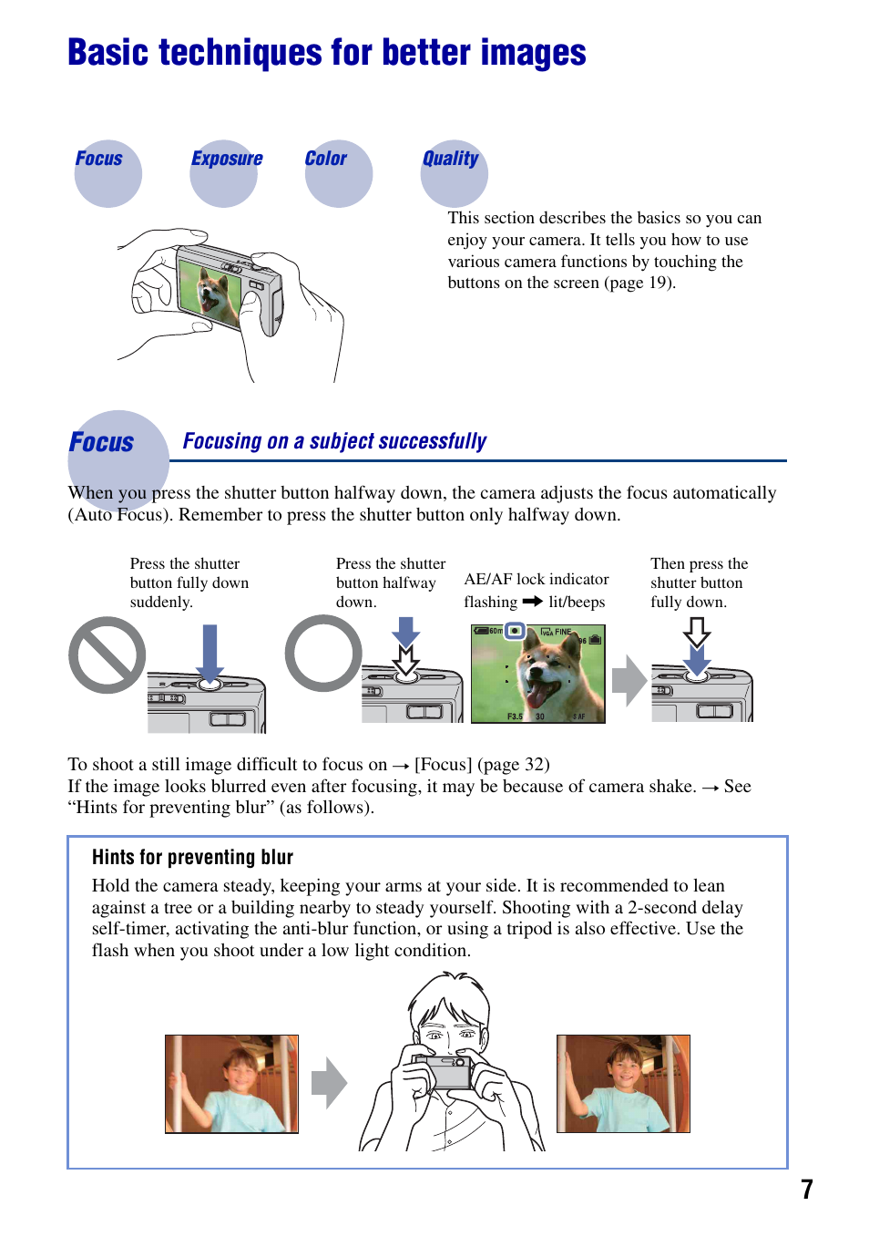 Basic techniques for better images, Focus, Focus – focusing on a subject successfully | Sony DSC-T50 User Manual | Page 7 / 120