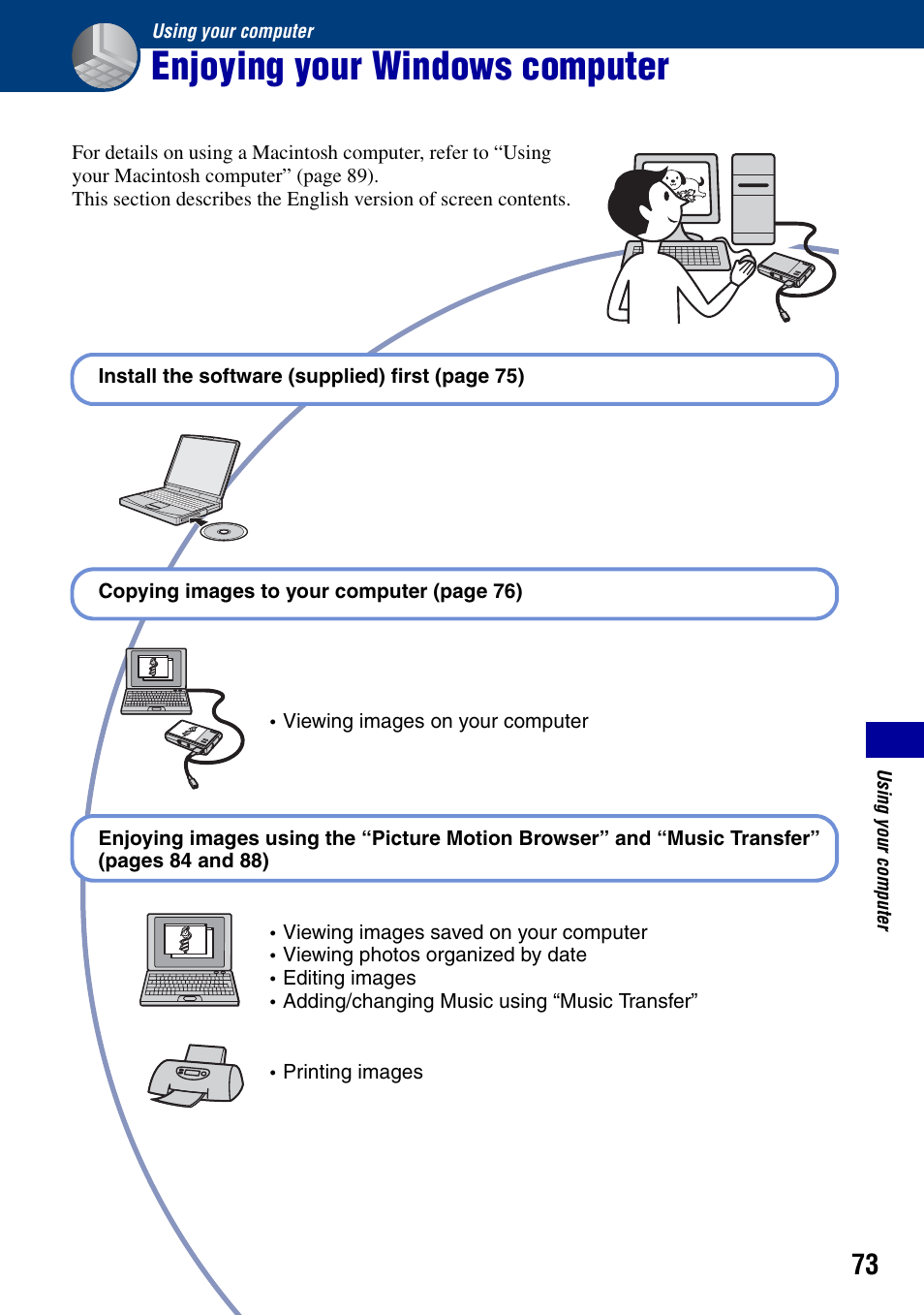 Using your computer, Enjoying your windows computer | Sony DSC-T50 User Manual | Page 73 / 120
