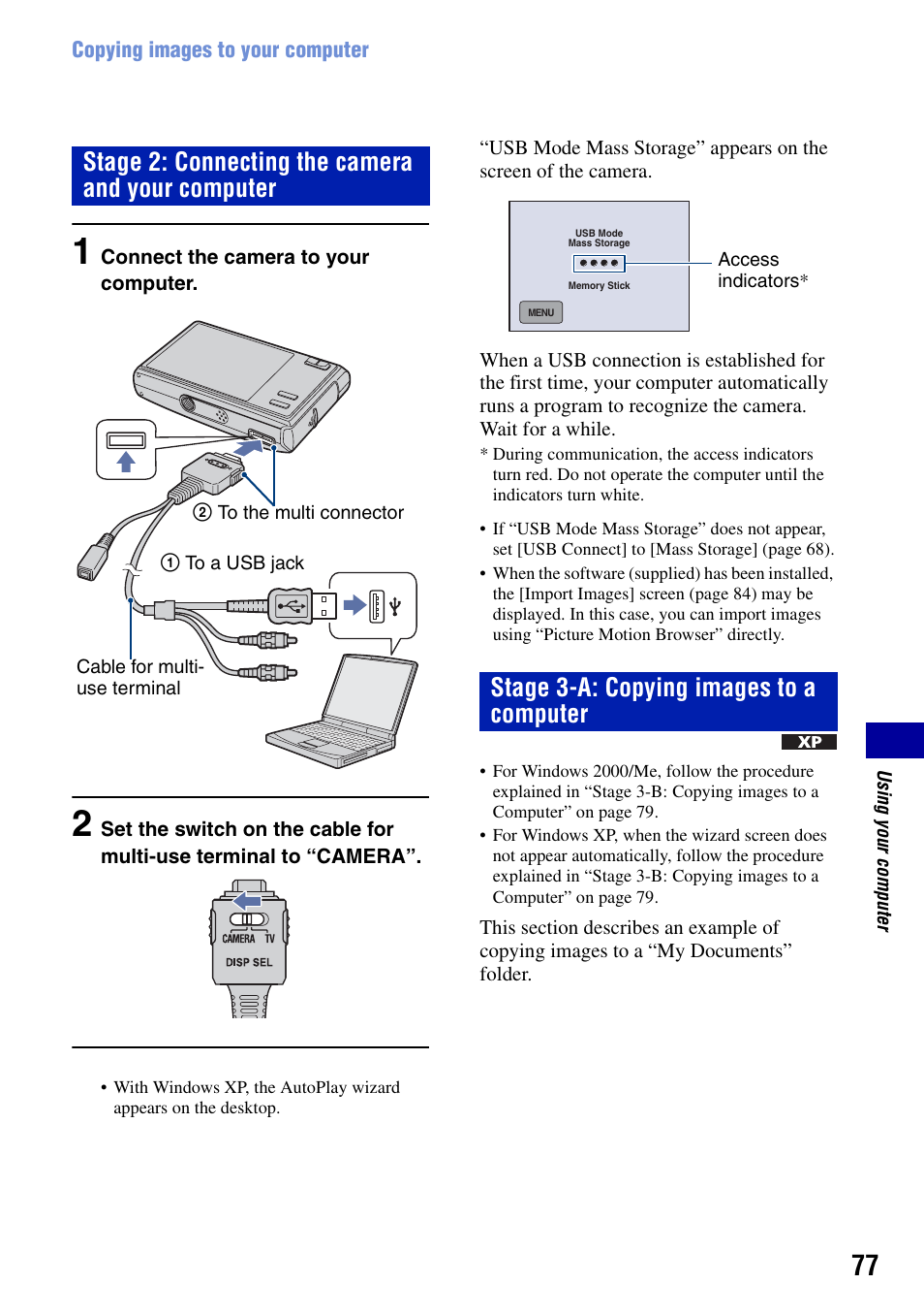 Stage 2: connecting the camera and your computer, Stage 3-a: copying images to a computer | Sony DSC-T50 User Manual | Page 77 / 120