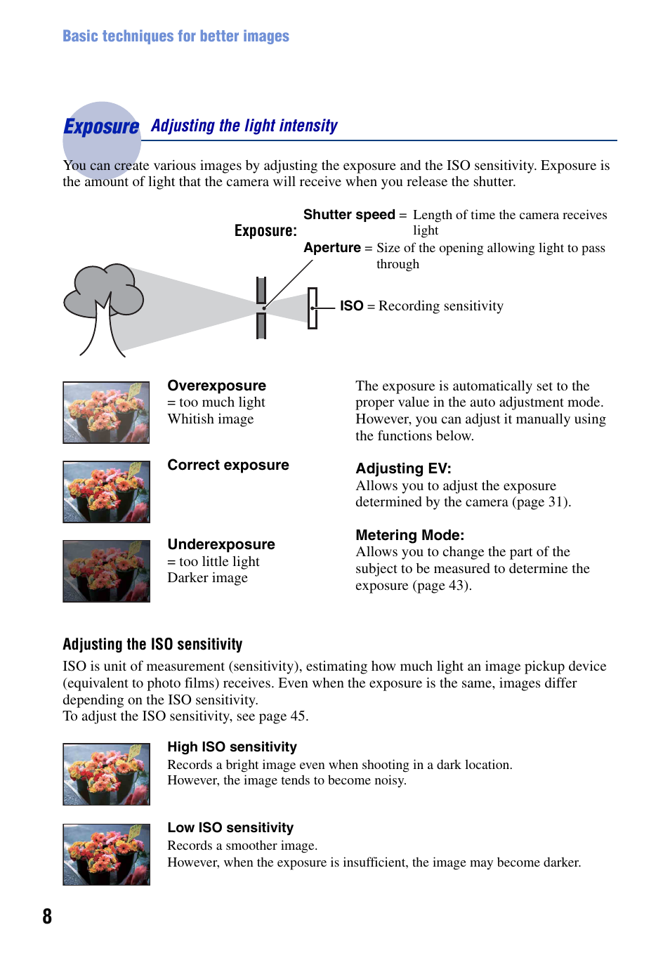 Exposure, Exposure – adjusting the light intensity | Sony DSC-T50 User Manual | Page 8 / 120