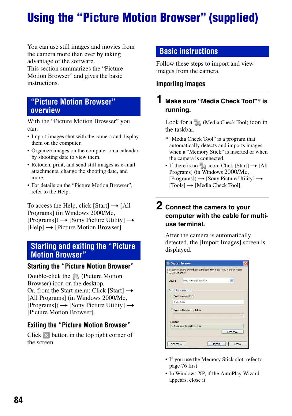 Using the “picture motion browser” (supplied), Es 84 and | Sony DSC-T50 User Manual | Page 84 / 120
