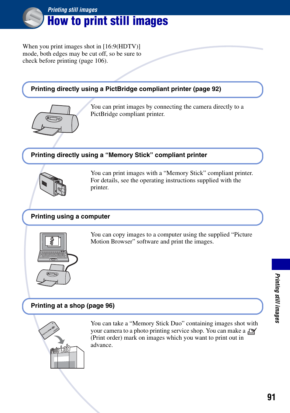 Printing still images, How to print still images | Sony DSC-T50 User Manual | Page 91 / 120