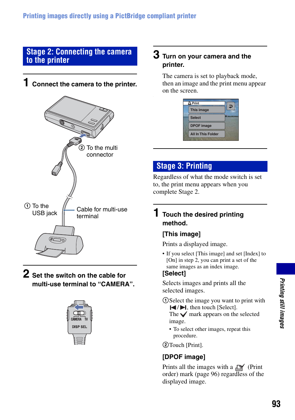 Stage 2: connecting the camera to the printer, Stage 3: printing | Sony DSC-T50 User Manual | Page 93 / 120