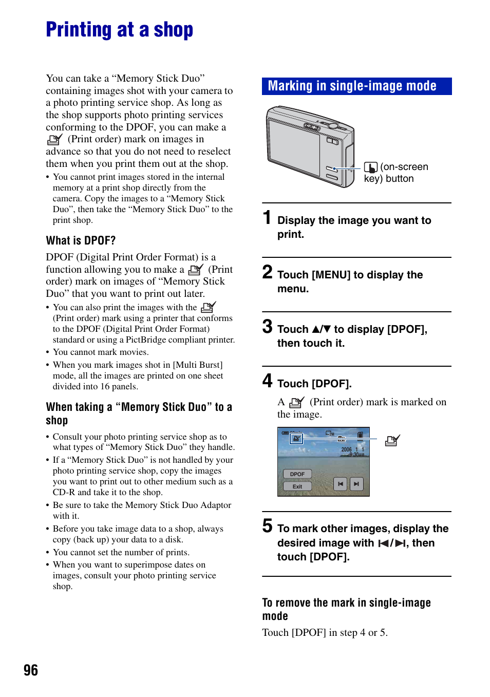 Printing at a shop, Marking in single-image mode | Sony DSC-T50 User Manual | Page 96 / 120