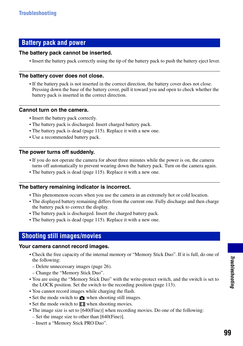 Ages 99 to 108, Battery pack and power, Shooting still images/movies | Sony DSC-T50 User Manual | Page 99 / 120