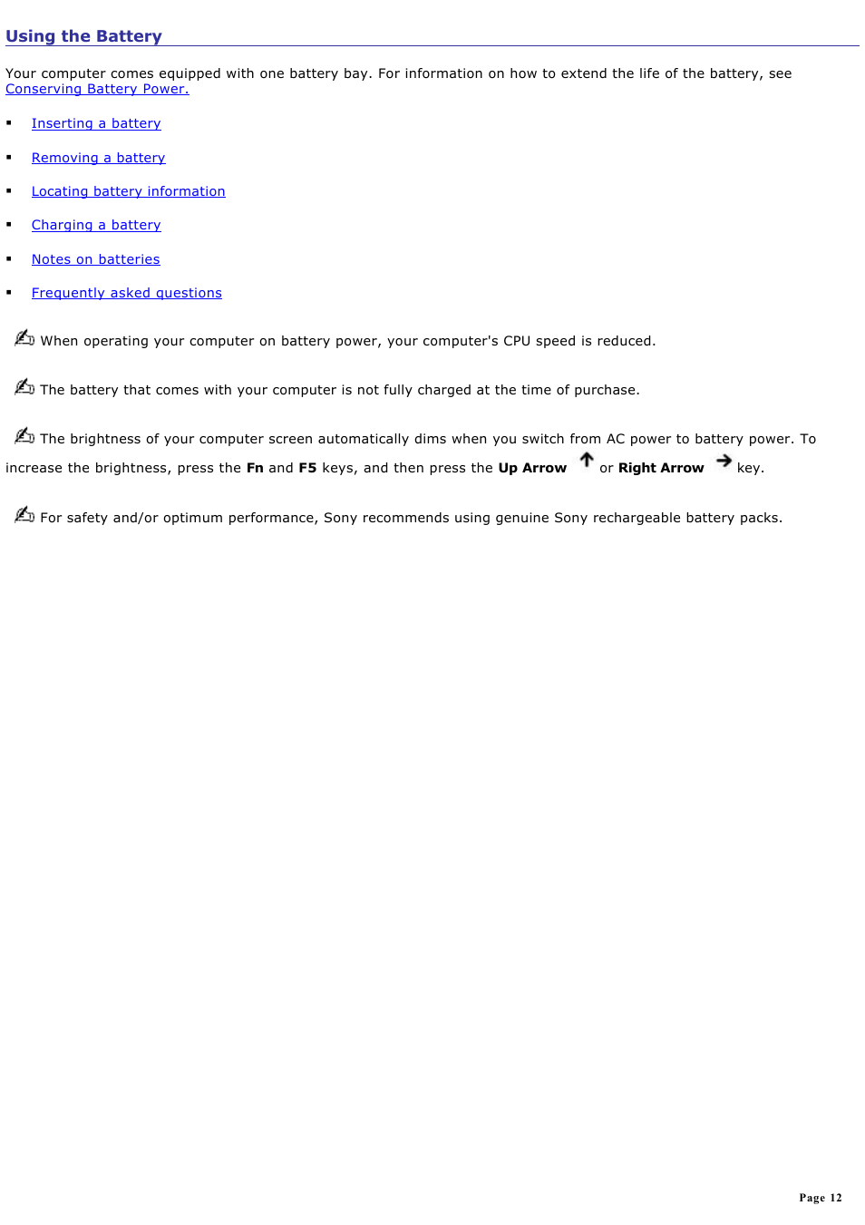 Using the battery | Sony PCG-Z1WAMP1 User Manual | Page 12 / 171