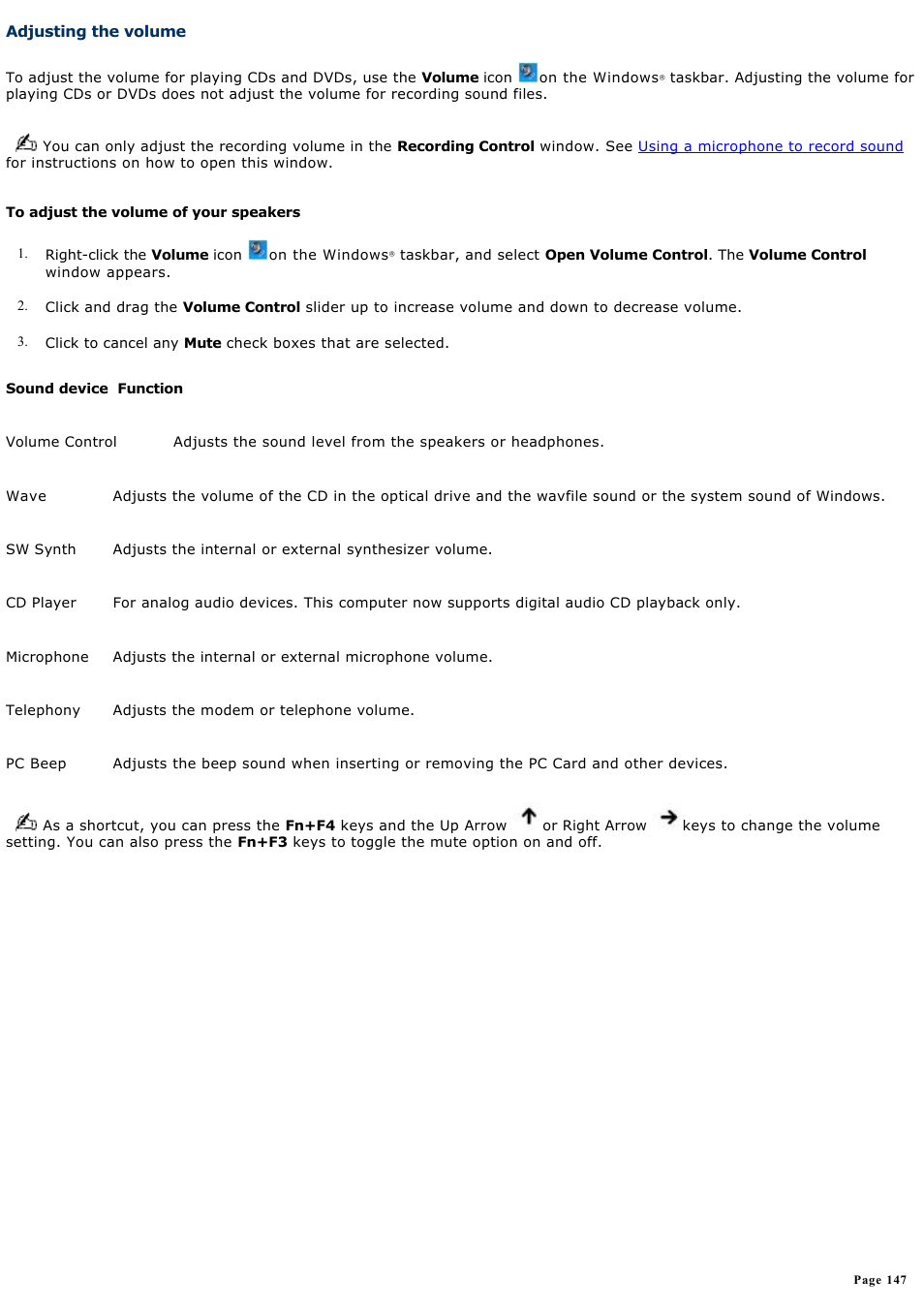 Adjusting the volume | Sony PCG-Z1WAMP1 User Manual | Page 147 / 171