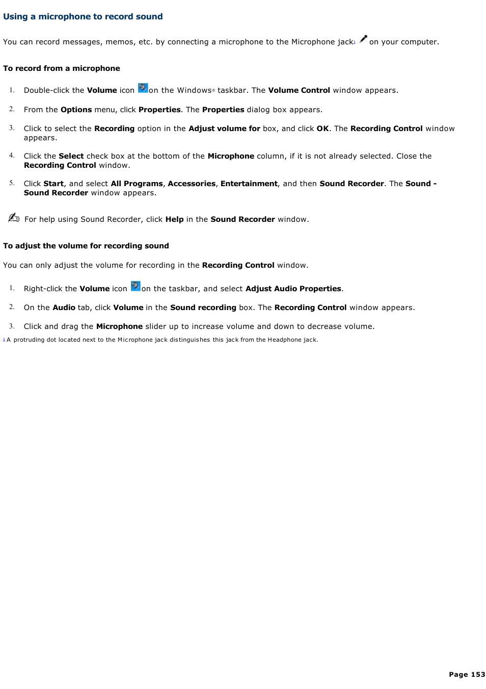 Using a microphone to record sound | Sony PCG-Z1WAMP1 User Manual | Page 153 / 171