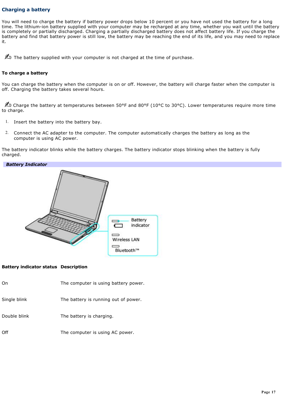 Charging a battery | Sony PCG-Z1WAMP1 User Manual | Page 17 / 171