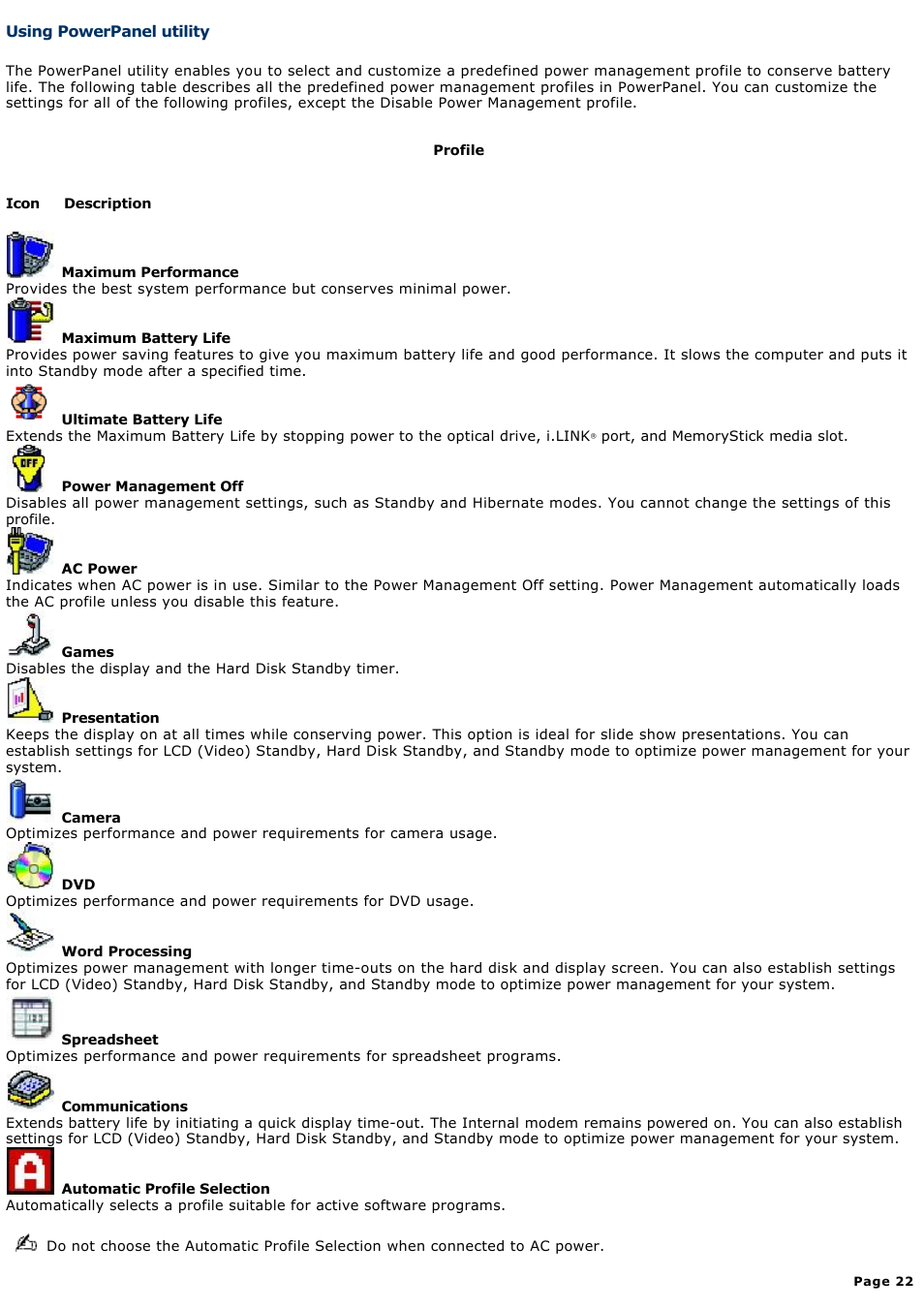 Using powerpanel utility | Sony PCG-Z1WAMP1 User Manual | Page 22 / 171