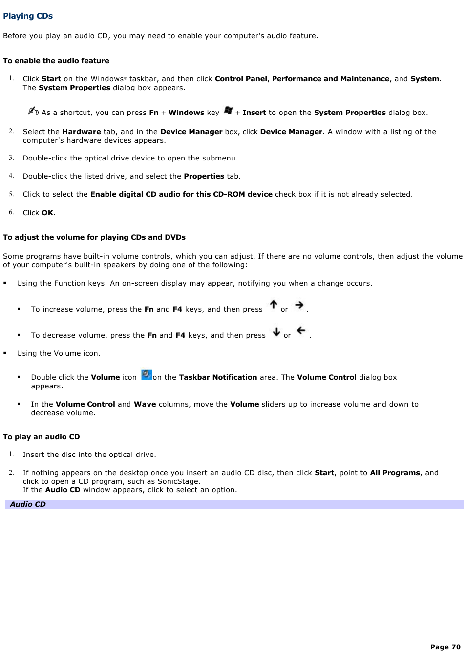 Playing cds | Sony PCG-Z1WAMP1 User Manual | Page 70 / 171