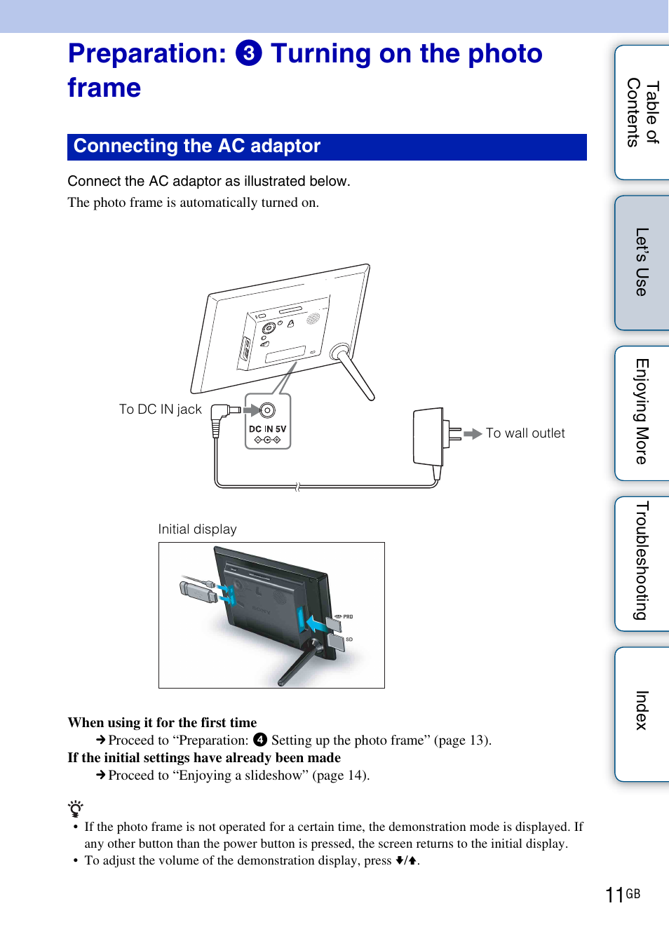 Preparation: 3 turning on the photo frame, Connecting the ac adaptor | Sony DPF-HD800 User Manual | Page 11 / 63