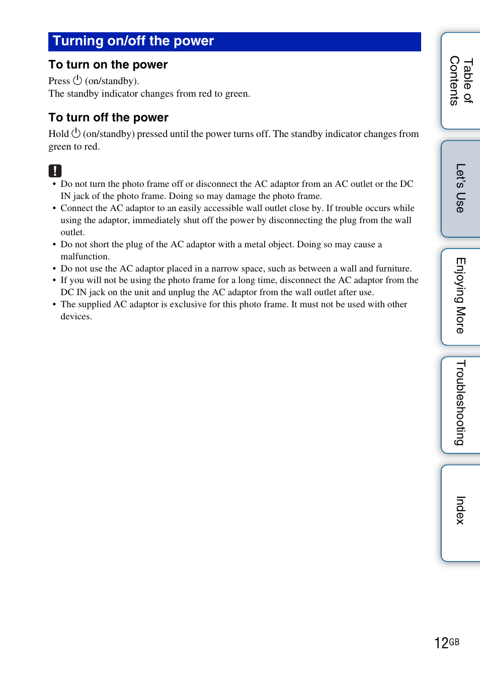 Turning on/off the power | Sony DPF-HD800 User Manual | Page 12 / 63
