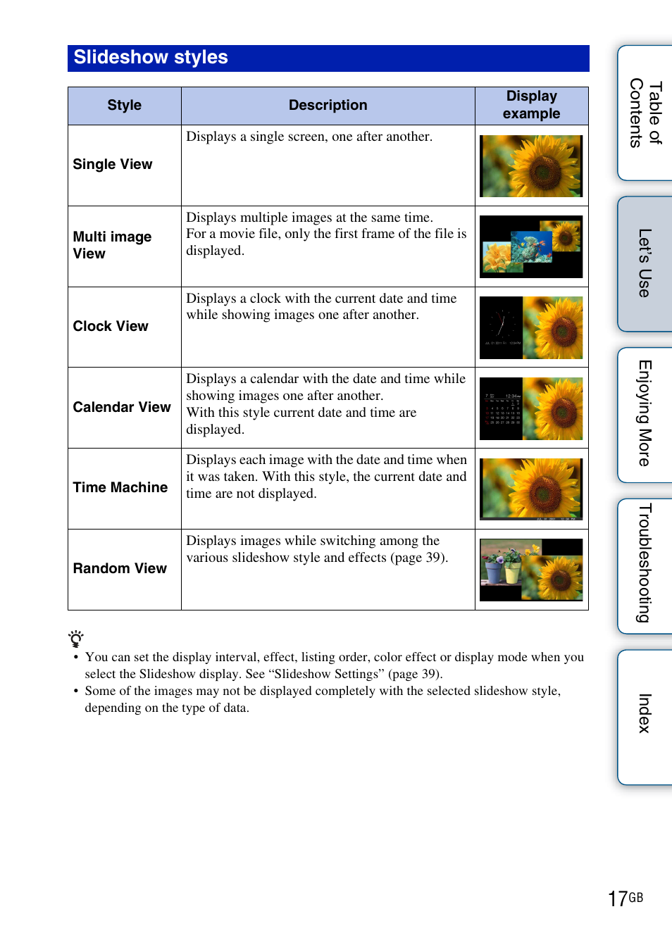 Slideshow styles | Sony DPF-HD800 User Manual | Page 17 / 63