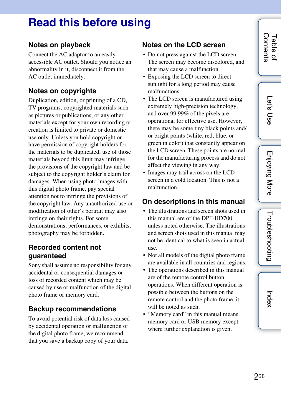 Read this before using | Sony DPF-HD800 User Manual | Page 2 / 63