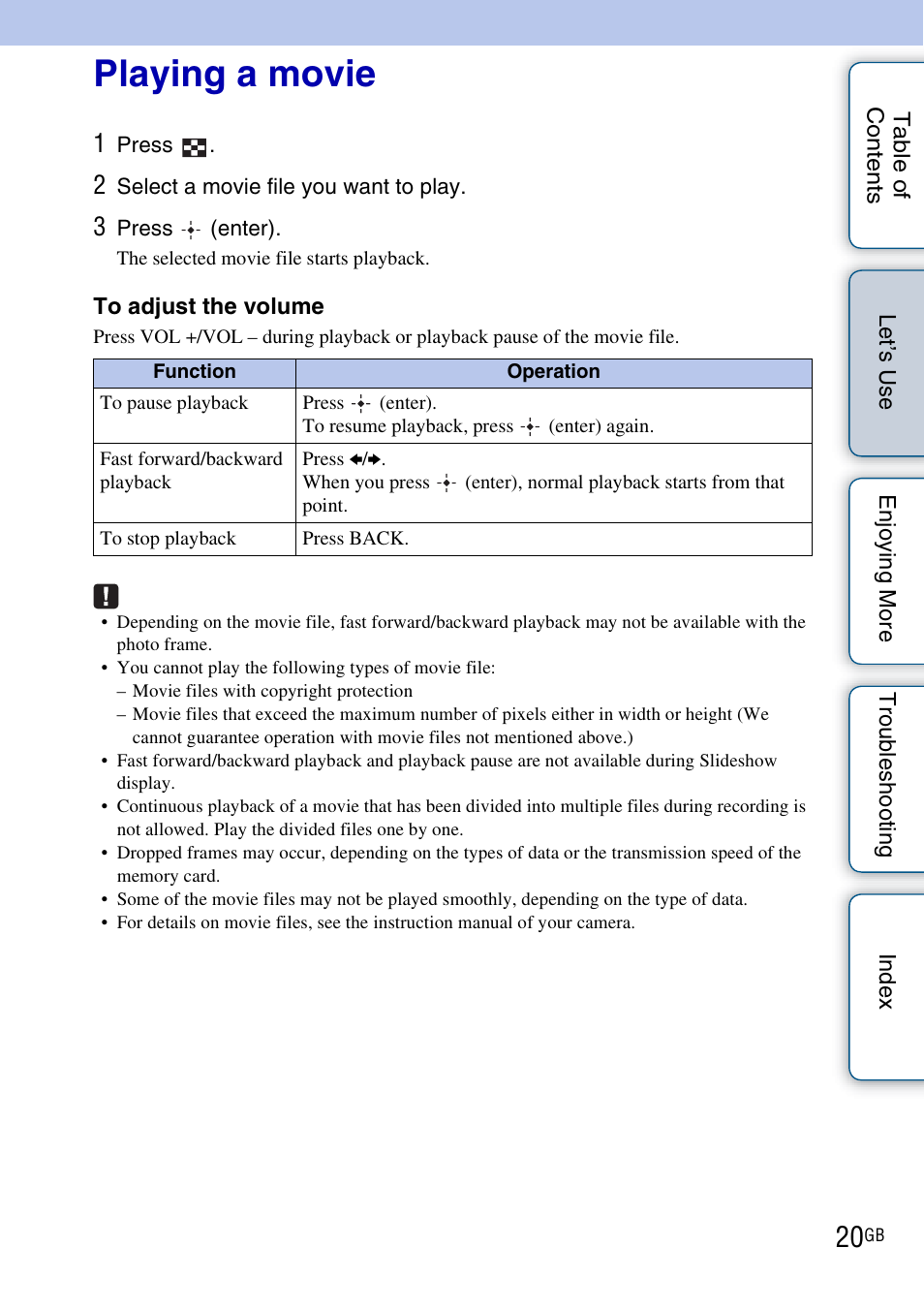 Playing a movie | Sony DPF-HD800 User Manual | Page 20 / 63