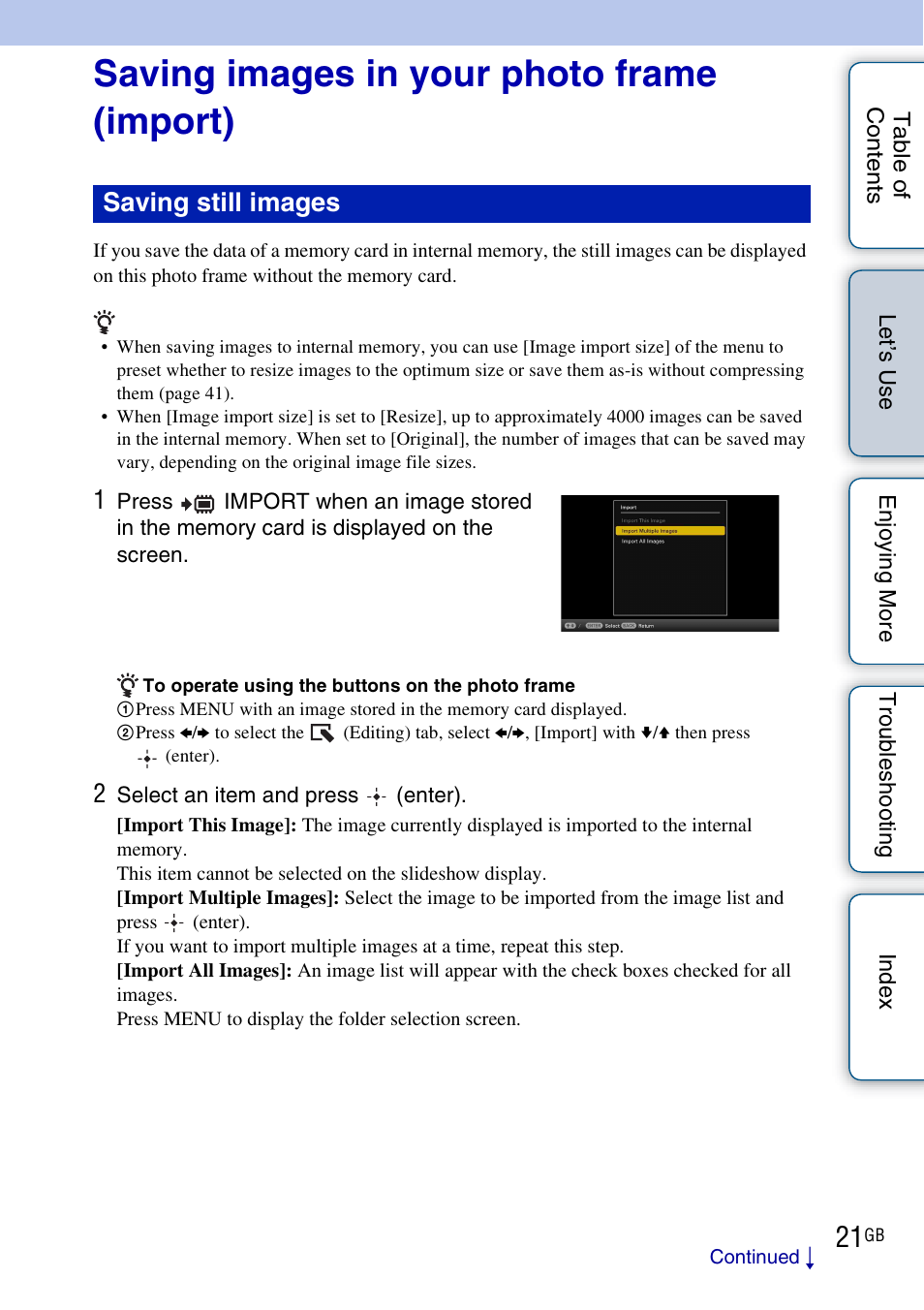 Saving images in your photo frame (import), Saving still images | Sony DPF-HD800 User Manual | Page 21 / 63