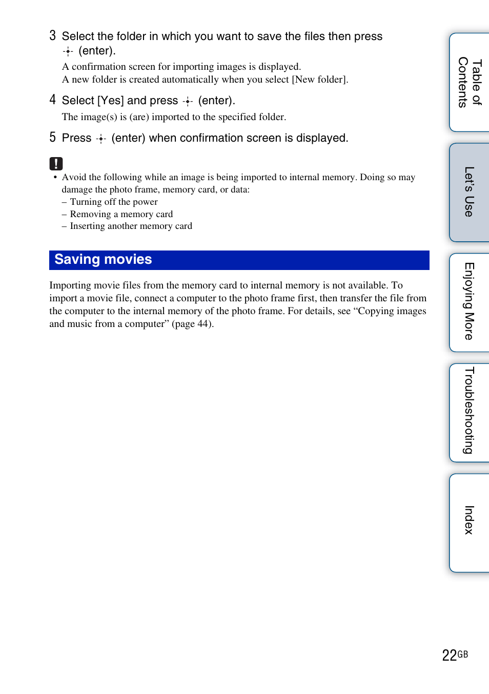 Saving movies | Sony DPF-HD800 User Manual | Page 22 / 63