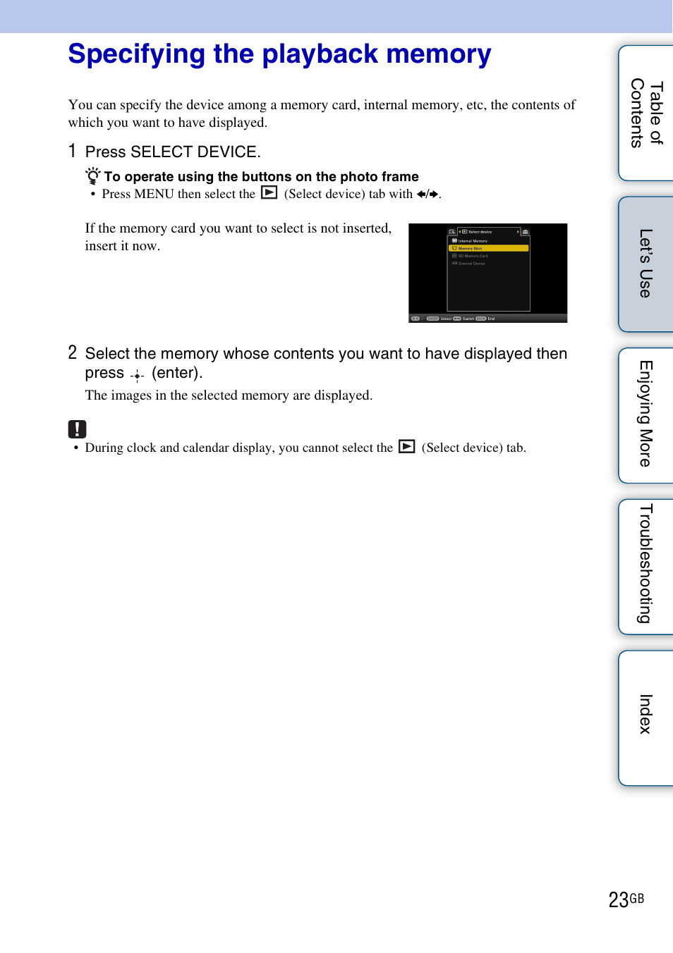 Specifying the playback memory | Sony DPF-HD800 User Manual | Page 23 / 63