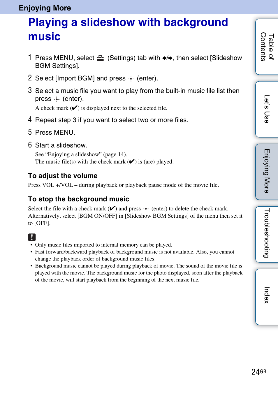 Enjoying more, Playing a slideshow with background music, Njo y | Ing mo | Sony DPF-HD800 User Manual | Page 24 / 63