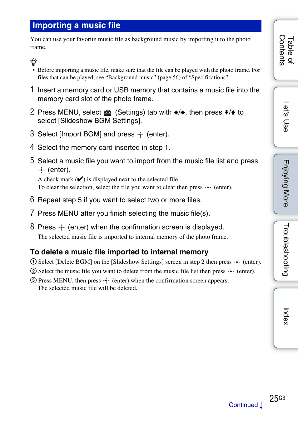 Importing a music file | Sony DPF-HD800 User Manual | Page 25 / 63