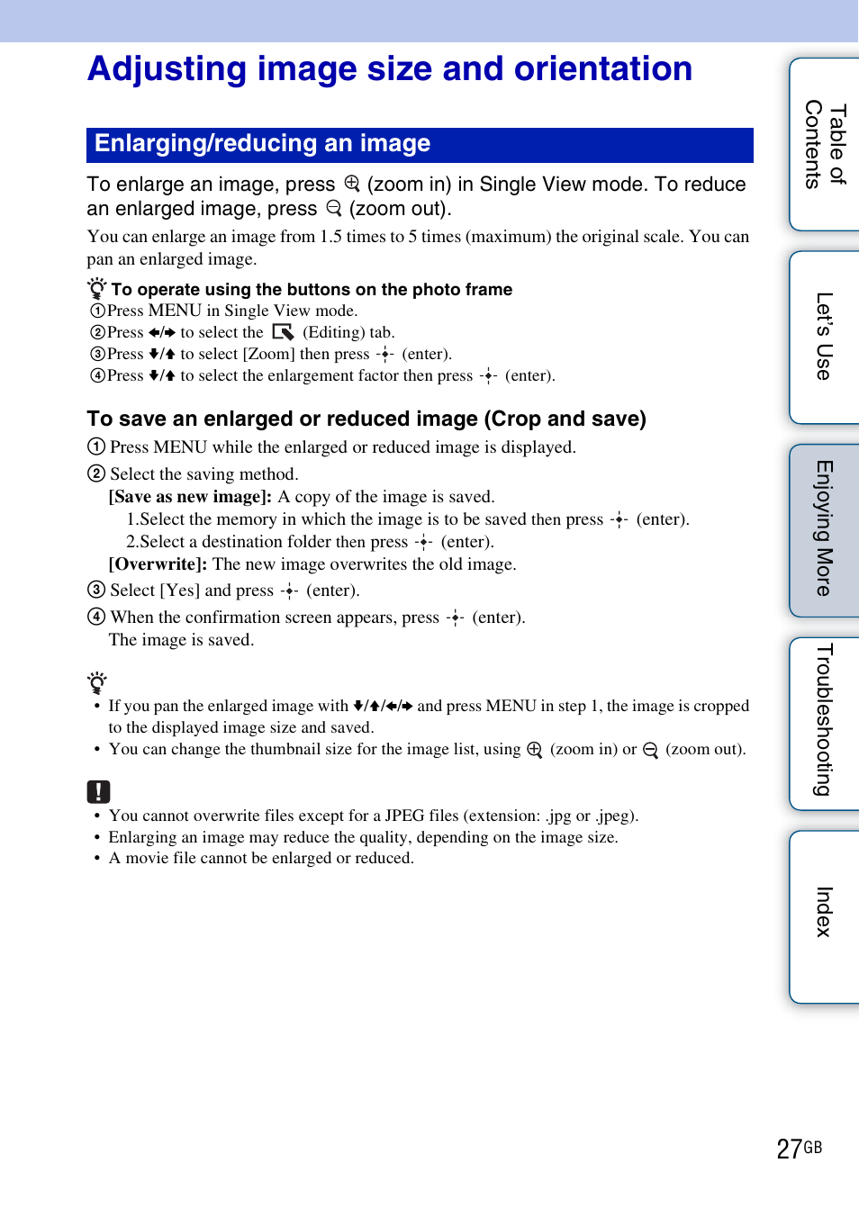 Adjusting image size and orientation, Enlarging/reducing an image | Sony DPF-HD800 User Manual | Page 27 / 63