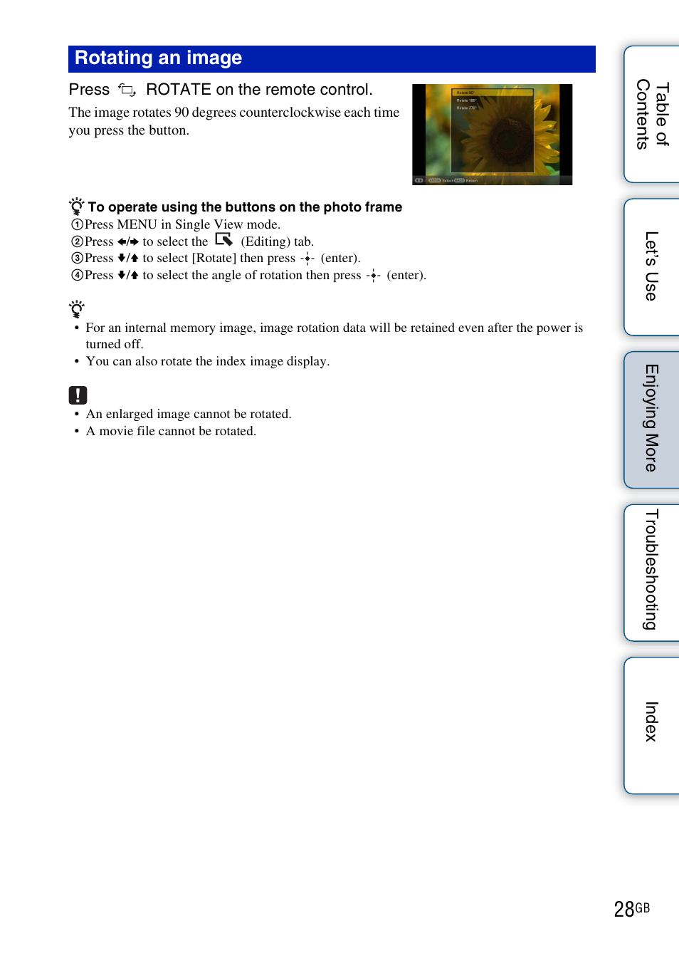 Rotating an image | Sony DPF-HD800 User Manual | Page 28 / 63