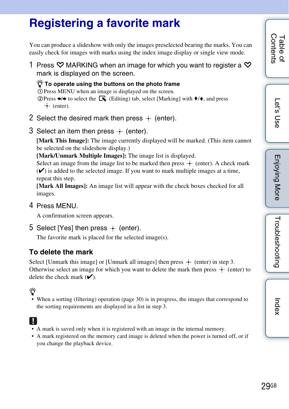Registering a favorite mark | Sony DPF-HD800 User Manual | Page 29 / 63