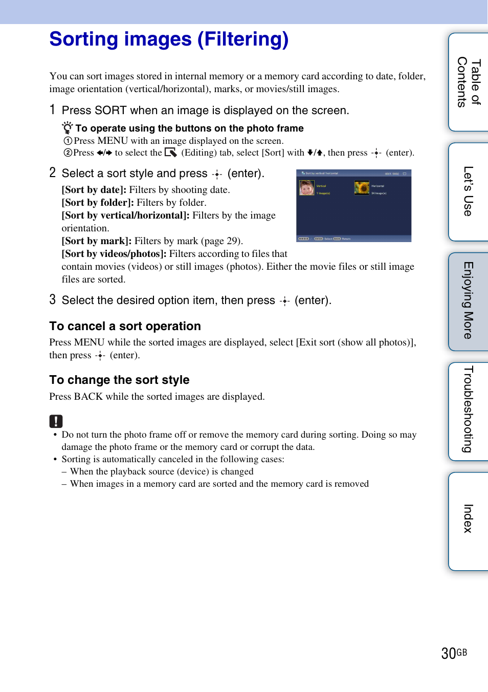 Sorting images (filtering) | Sony DPF-HD800 User Manual | Page 30 / 63