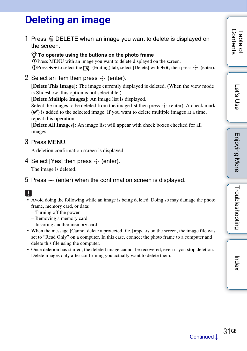 Deleting an image | Sony DPF-HD800 User Manual | Page 31 / 63