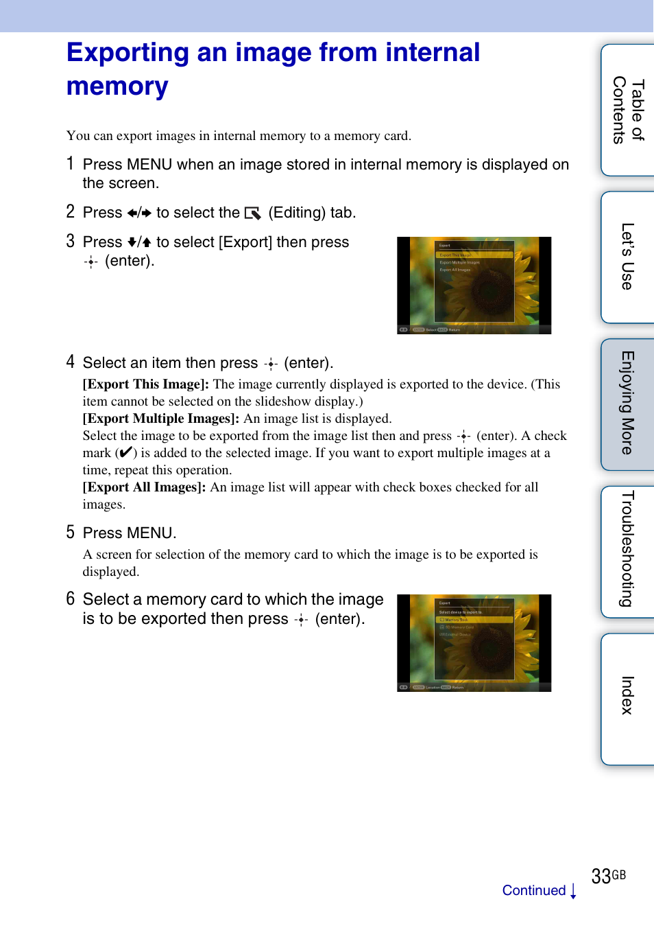 Exporting an image from internal memory | Sony DPF-HD800 User Manual | Page 33 / 63