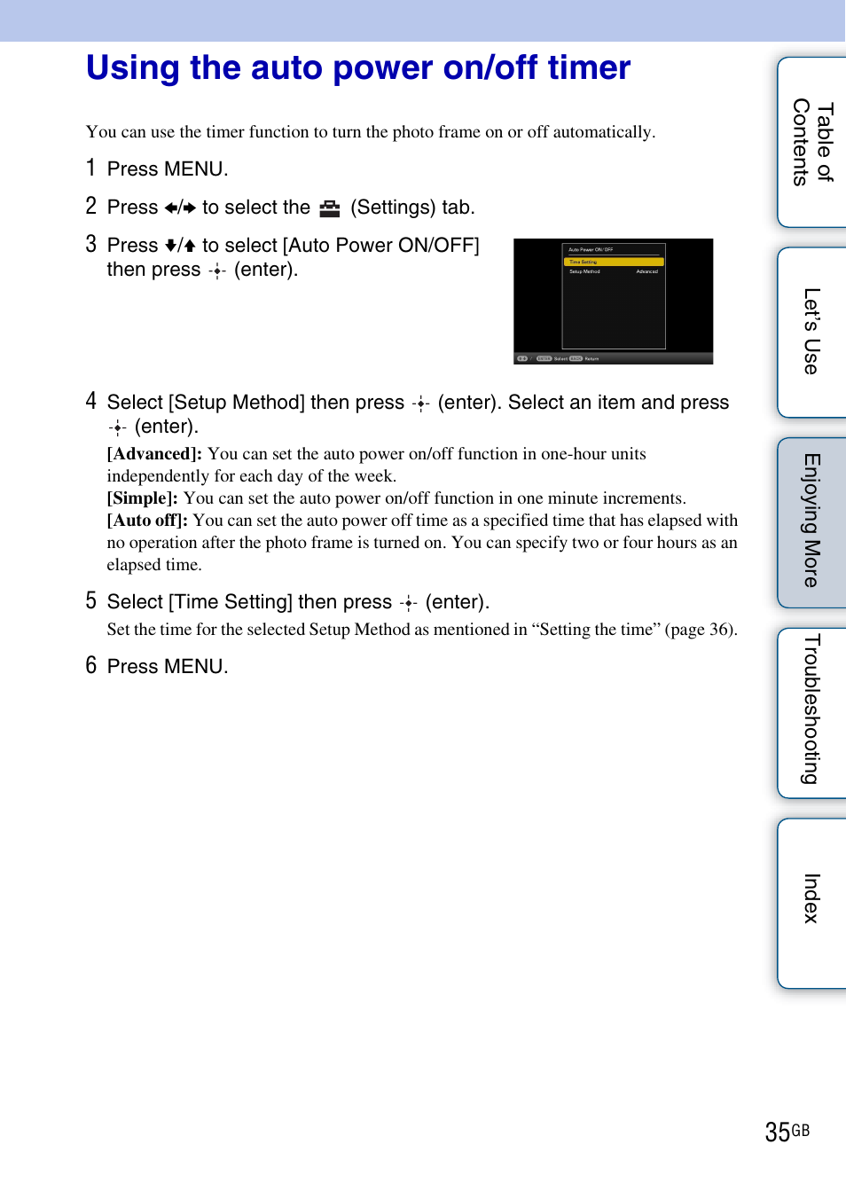 Using the auto power on/off timer | Sony DPF-HD800 User Manual | Page 35 / 63
